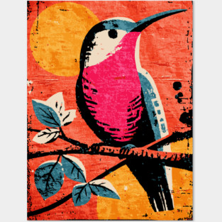 Nectar - Vibrant Hummingbird Linocut Posters and Art
