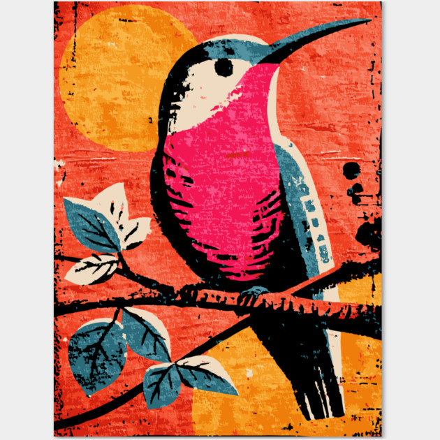 Nectar - Vibrant Hummingbird Linocut Wall Art by TuncGK