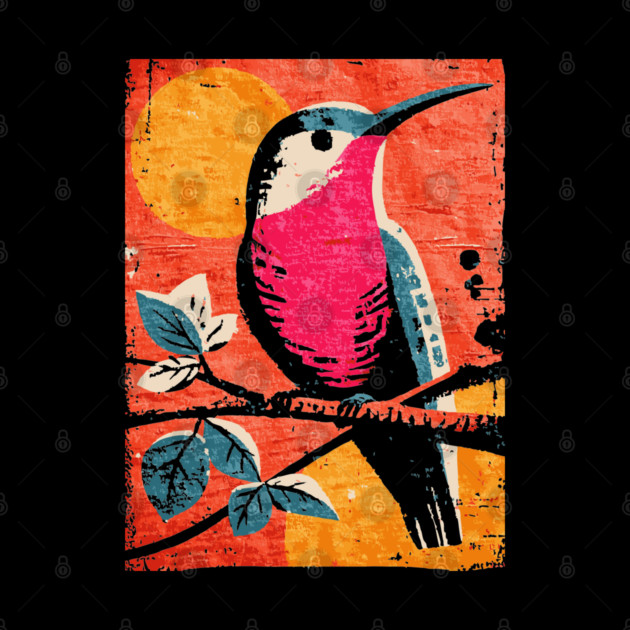 Nectar - Vibrant Hummingbird Linocut by TuncGK