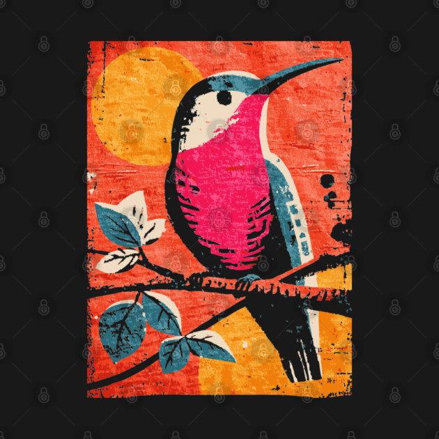 Nectar - Vibrant Hummingbird Linocut by TuncGK