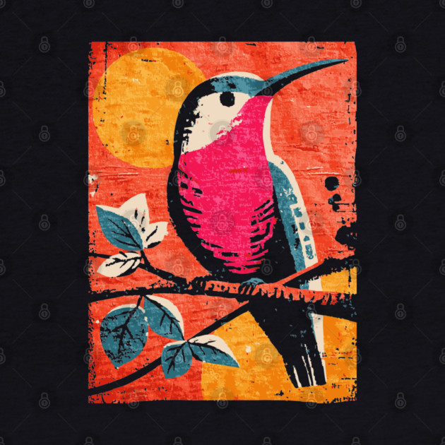 Nectar - Vibrant Hummingbird Linocut by TuncGK