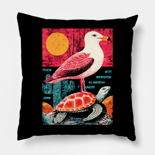 Coastal Companions - Seagull and Turtle Pillow by TuncGK