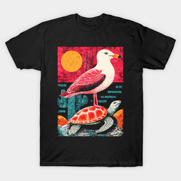 Coastal Companions - Seagull and Turtle T-Shirt by TuncGK