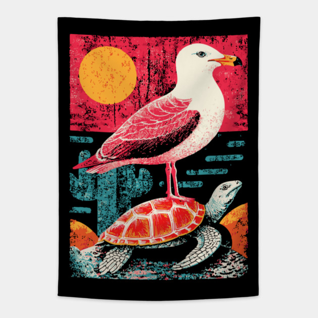 Coastal Companions - Seagull and Turtle Tapestry by TuncGK