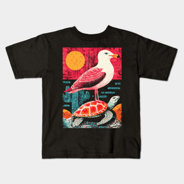 Coastal Companions - Seagull and Turtle Kids T-Shirt by TuncGK