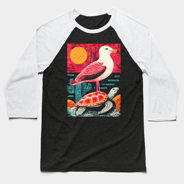 Coastal Companions - Seagull and Turtle Baseball T-Shirt by TuncGK
