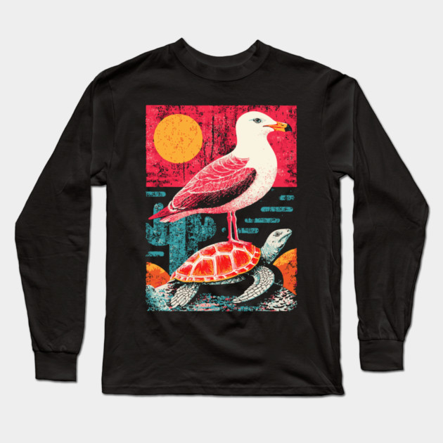 Coastal Companions - Seagull and Turtle Long Sleeve T-Shirt by TuncGK