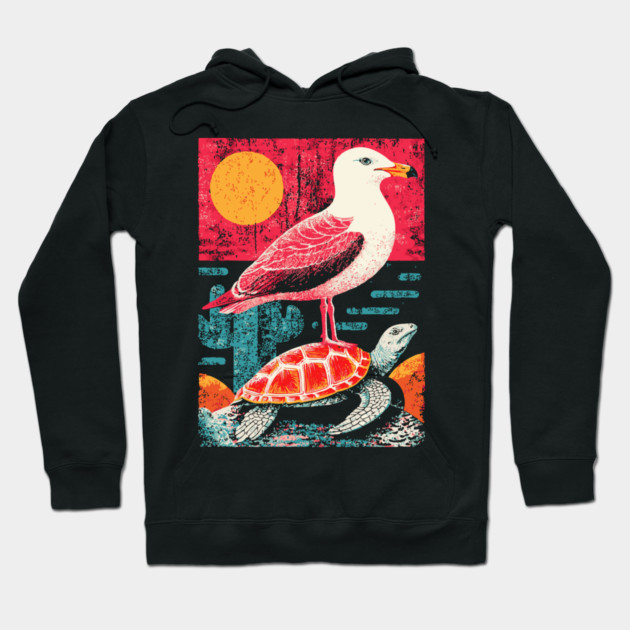 Coastal Companions - Seagull and Turtle Hoodie by TuncGK