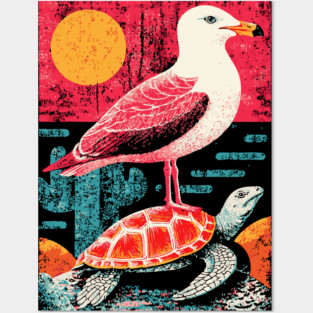 Coastal Companions - Seagull and Turtle Posters and Art