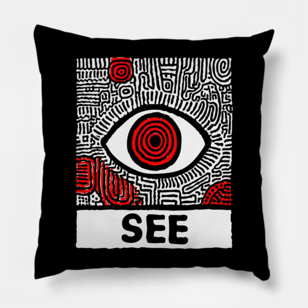 Watchful Eye - Minimalist Linocut Pillow by TuncGK