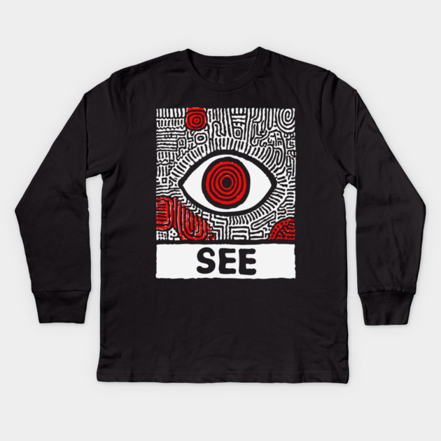 Watchful Eye - Minimalist Linocut Kids Long Sleeve T-Shirt by TuncGK