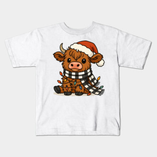 Highland Cow Christmas Lights Santa Hat Kids T-Shirt