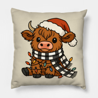 Highland Cow Christmas Lights Santa Hat Pillow