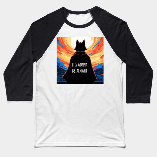 Furry Superhero Tee - It's Gonna Be Alright Anxiety . it's gonna be alright, superhero cape, funny anxiety, comfort gift, wolf hero, sarcastic optimism, sunset silhouette, furry art, meme shirt, delightfully weird, mental health humor Baseball T-Shirt by OUTFITPAW