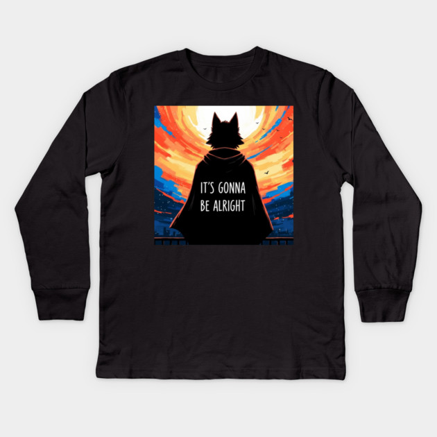 Furry Superhero Tee - It's Gonna Be Alright Anxiety . it's gonna be alright, superhero cape, funny anxiety, comfort gift, wolf hero, sarcastic optimism, sunset silhouette, furry art, meme shirt, delightfully weird, mental health humor Kids Long Sleeve T-Shirt by OUTFITPAW