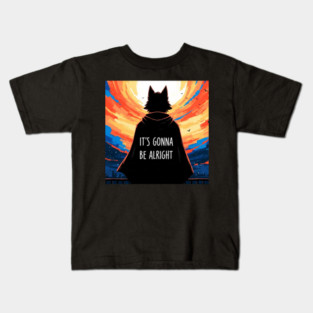 Furry Superhero Tee - It's Gonna Be Alright Anxiety . it's gonna be alright, superhero cape, funny anxiety, comfort gift, wolf hero, sarcastic optimism, sunset silhouette, furry art, meme shirt, delightfully weird, mental health humor Kids T-Shirt
