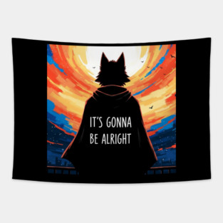 Furry Superhero Tee - It's Gonna Be Alright Anxiety . it's gonna be alright, superhero cape, funny anxiety, comfort gift, wolf hero, sarcastic optimism, sunset silhouette, furry art, meme shirt, delightfully weird, mental health humor Tapestry