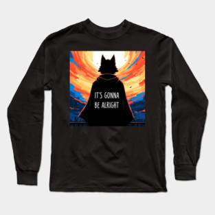 Furry Superhero Tee - It's Gonna Be Alright Anxiety . it's gonna be alright, superhero cape, funny anxiety, comfort gift, wolf hero, sarcastic optimism, sunset silhouette, furry art, meme shirt, delightfully weird, mental health humor Long Sleeve T-Shirt