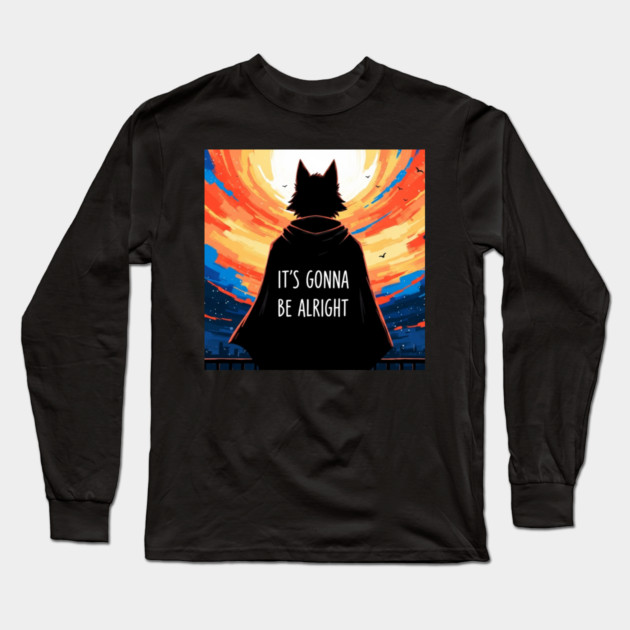 Furry Superhero Tee - It's Gonna Be Alright Anxiety . it's gonna be alright, superhero cape, funny anxiety, comfort gift, wolf hero, sarcastic optimism, sunset silhouette, furry art, meme shirt, delightfully weird, mental health humor Long Sleeve T-Shirt by OUTFITPAW