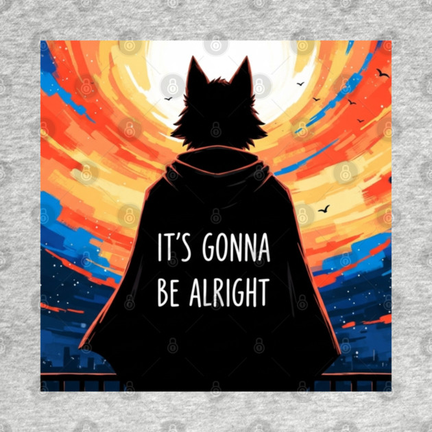 Furry Superhero Tee - It's Gonna Be Alright Anxiety . it's gonna be alright, superhero cape, funny anxiety, comfort gift, wolf hero, sarcastic optimism, sunset silhouette, furry art, meme shirt, delightfully weird, mental health humor by OUTFITPAW