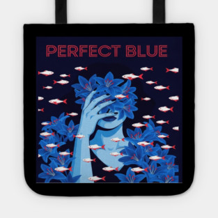 Perfect Blue Tee - Surreal Fish Flower Abstract Gift blue flowers, red fish, unique design, weird humor, gothic apparel, whimsical gift, dark aesthetic, bizarre drawing, water lilies, strange fashion Tote