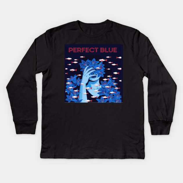 Perfect Blue Tee - Surreal Fish Flower Abstract Gift blue flowers, red fish, unique design, weird humor, gothic apparel, whimsical gift, dark aesthetic, bizarre drawing, water lilies, strange fashion Kids Long Sleeve T-Shirt by OUTFITPAW