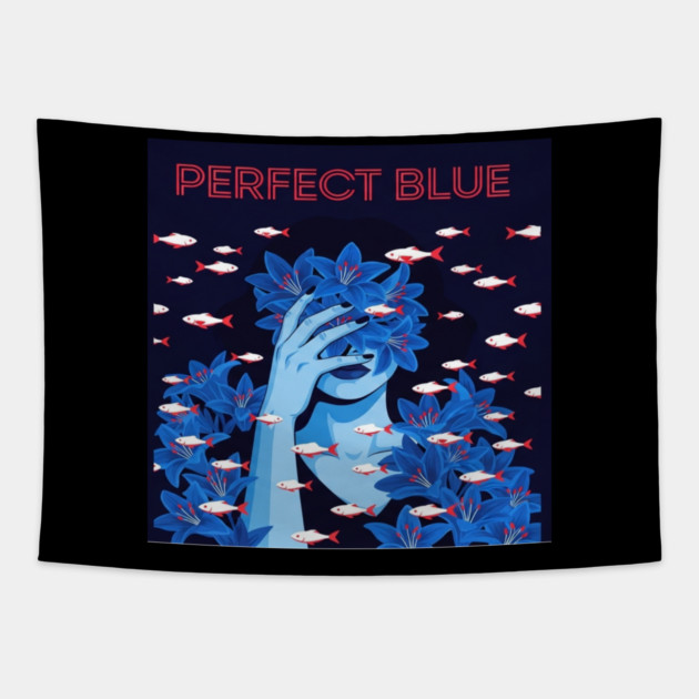 Perfect Blue Tee - Surreal Fish Flower Abstract Gift blue flowers, red fish, unique design, weird humor, gothic apparel, whimsical gift, dark aesthetic, bizarre drawing, water lilies, strange fashion Tapestry by OUTFITPAW
