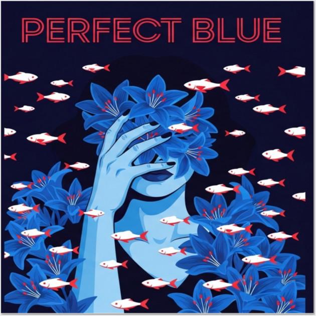 Perfect Blue Tee - Surreal Fish Flower Abstract Gift blue flowers, red fish, unique design, weird humor, gothic apparel, whimsical gift, dark aesthetic, bizarre drawing, water lilies, strange fashion Wall Art by OUTFITPAW