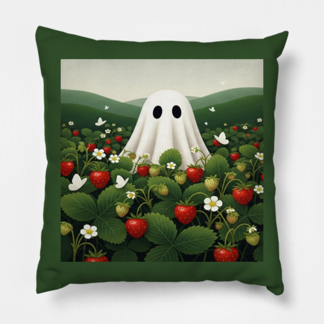 Ghost Strawberry Tee - Berry Spooky Funny Summer. strawberry field, cute ghost, funny summer, bizarre humor, cottagecore, spooky adorable, fruit picking, halloween in july, whimsical apparel, weird aesthetic, funny seasonal gift Pillow by OUTFITPAW
