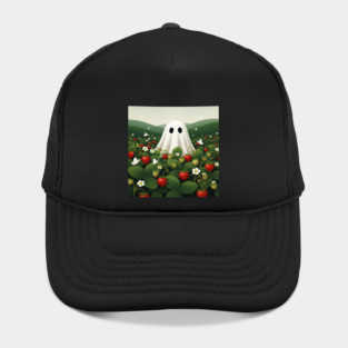 Ghost Strawberry Tee - Berry Spooky Funny Summer. strawberry field, cute ghost, funny summer, bizarre humor, cottagecore, spooky adorable, fruit picking, halloween in july, whimsical apparel, weird aesthetic, funny seasonal gift Hat