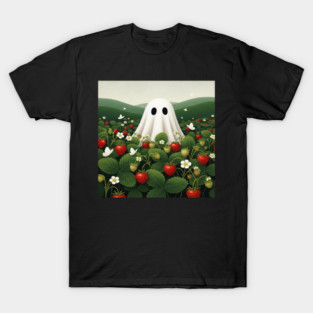 Ghost Strawberry Tee - Berry Spooky Funny Summer. strawberry field, cute ghost, funny summer, bizarre humor, cottagecore, spooky adorable, fruit picking, halloween in july, whimsical apparel, weird aesthetic, funny seasonal gift T-Shirt