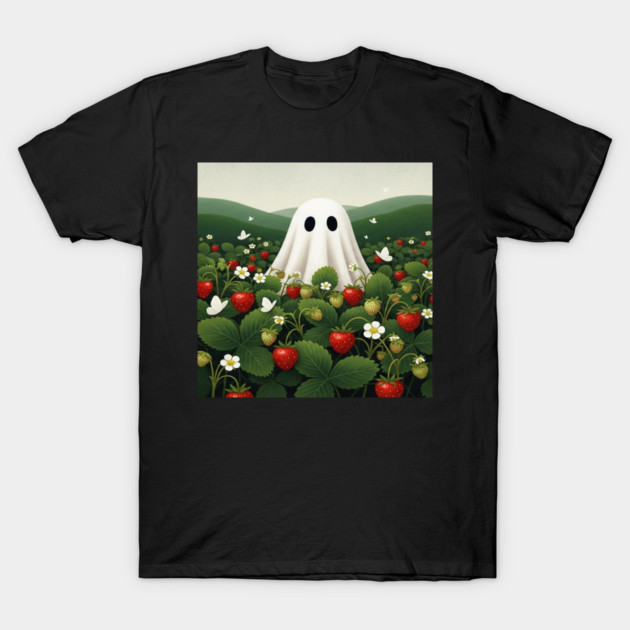 Ghost Strawberry Tee - Berry Spooky Funny Summer. strawberry field, cute ghost, funny summer, bizarre humor, cottagecore, spooky adorable, fruit picking, halloween in july, whimsical apparel, weird aesthetic, funny seasonal gift T-Shirt by OUTFITPAW