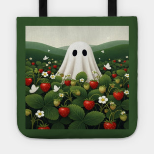 Ghost Strawberry Tee - Berry Spooky Funny Summer. strawberry field, cute ghost, funny summer, bizarre humor, cottagecore, spooky adorable, fruit picking, halloween in july, whimsical apparel, weird aesthetic, funny seasonal gift Tote