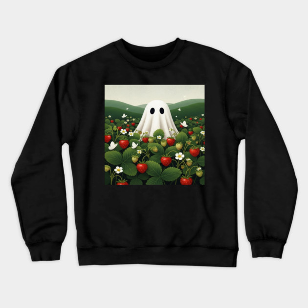Ghost Strawberry Tee - Berry Spooky Funny Summer. strawberry field, cute ghost, funny summer, bizarre humor, cottagecore, spooky adorable, fruit picking, halloween in july, whimsical apparel, weird aesthetic, funny seasonal gift Crewneck Sweatshirt by OUTFITPAW