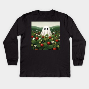 Ghost Strawberry Tee - Berry Spooky Funny Summer. strawberry field, cute ghost, funny summer, bizarre humor, cottagecore, spooky adorable, fruit picking, halloween in july, whimsical apparel, weird aesthetic, funny seasonal gift Kids Long Sleeve T-Shirt