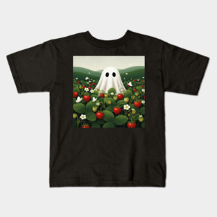 Ghost Strawberry Tee - Berry Spooky Funny Summer. strawberry field, cute ghost, funny summer, bizarre humor, cottagecore, spooky adorable, fruit picking, halloween in july, whimsical apparel, weird aesthetic, funny seasonal gift Kids T-Shirt