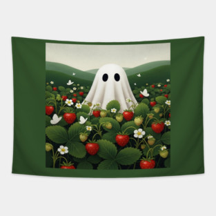 Ghost Strawberry Tee - Berry Spooky Funny Summer. strawberry field, cute ghost, funny summer, bizarre humor, cottagecore, spooky adorable, fruit picking, halloween in july, whimsical apparel, weird aesthetic, funny seasonal gift Tapestry