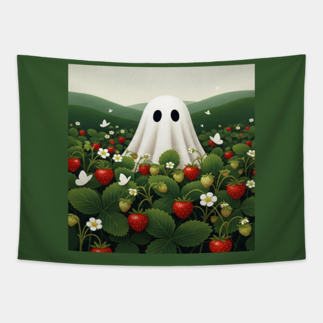 Ghost Strawberry Tee - Berry Spooky Funny Summer. strawberry field, cute ghost, funny summer, bizarre humor, cottagecore, spooky adorable, fruit picking, halloween in july, whimsical apparel, weird aesthetic, funny seasonal gift Tapestry by OUTFITPAW