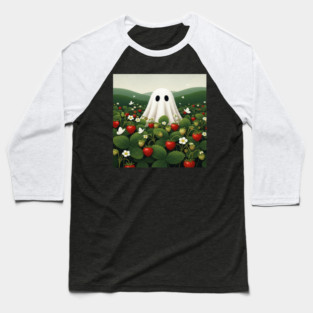 Ghost Strawberry Tee - Berry Spooky Funny Summer. strawberry field, cute ghost, funny summer, bizarre humor, cottagecore, spooky adorable, fruit picking, halloween in july, whimsical apparel, weird aesthetic, funny seasonal gift Baseball T-Shirt