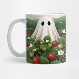 Ghost Strawberry Tee - Berry Spooky Funny Summer. strawberry field, cute ghost, funny summer, bizarre humor, cottagecore, spooky adorable, fruit picking, halloween in july, whimsical apparel, weird aesthetic, funny seasonal gift Mug