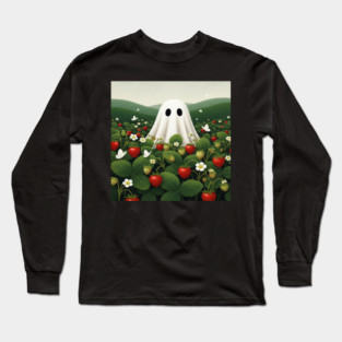 Ghost Strawberry Tee - Berry Spooky Funny Summer. strawberry field, cute ghost, funny summer, bizarre humor, cottagecore, spooky adorable, fruit picking, halloween in july, whimsical apparel, weird aesthetic, funny seasonal gift Long Sleeve T-Shirt