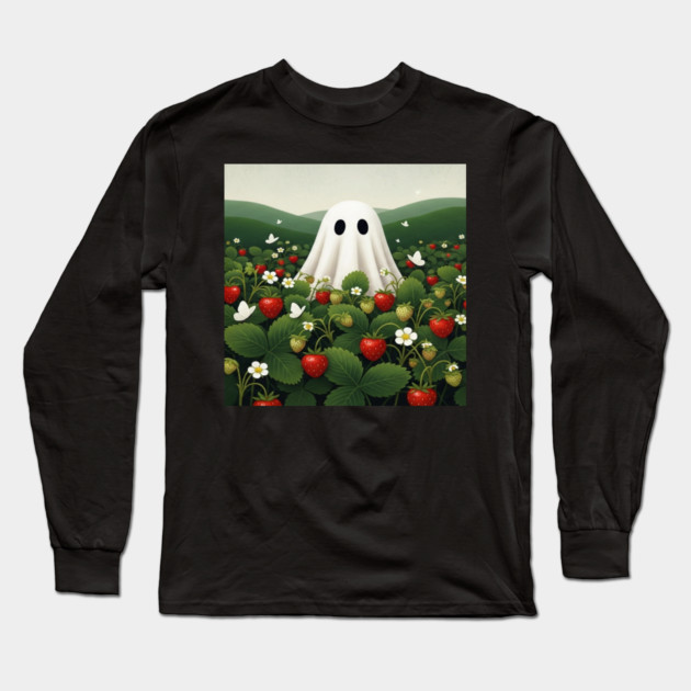 Ghost Strawberry Tee - Berry Spooky Funny Summer. strawberry field, cute ghost, funny summer, bizarre humor, cottagecore, spooky adorable, fruit picking, halloween in july, whimsical apparel, weird aesthetic, funny seasonal gift Long Sleeve T-Shirt by OUTFITPAW