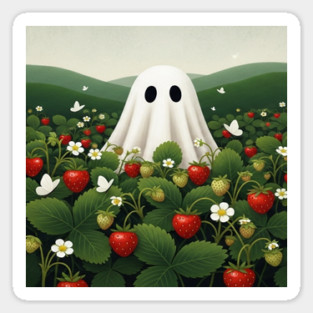 Ghost Strawberry Tee - Berry Spooky Funny Summer. strawberry field, cute ghost, funny summer, bizarre humor, cottagecore, spooky adorable, fruit picking, halloween in july, whimsical apparel, weird aesthetic, funny seasonal gift Sticker