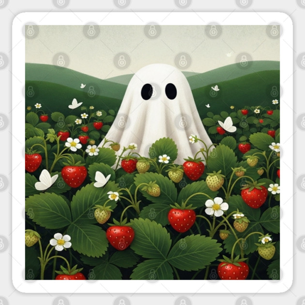 Ghost Strawberry Tee - Berry Spooky Funny Summer. strawberry field, cute ghost, funny summer, bizarre humor, cottagecore, spooky adorable, fruit picking, halloween in july, whimsical apparel, weird aesthetic, funny seasonal gift Sticker by OUTFITPAW