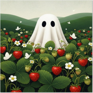 Ghost Strawberry Tee - Berry Spooky Funny Summer. strawberry field, cute ghost, funny summer, bizarre humor, cottagecore, spooky adorable, fruit picking, halloween in july, whimsical apparel, weird aesthetic, funny seasonal gift Posters and Art
