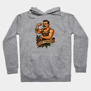 Plant Powered Vintage Strongman – Retro Vegan Tattoo Flash Art Inspired Hoodie
