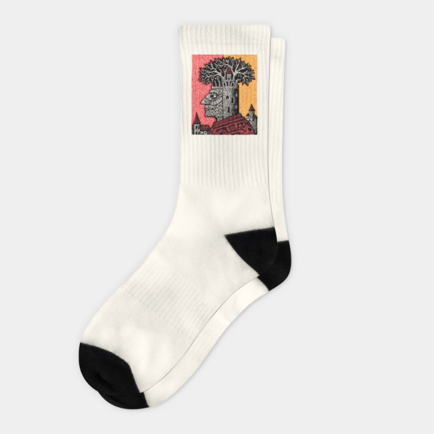 Mind Palace | Surreal Linocut Art Socks by TuncGK