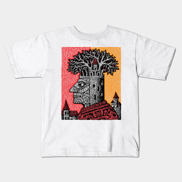 Mind Palace | Surreal Linocut Art Kids T-Shirt by TuncGK