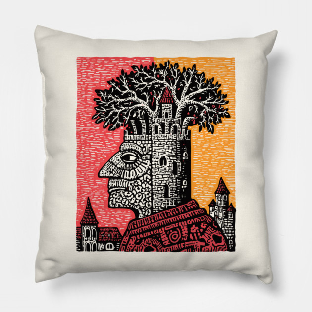 Mind Palace | Surreal Linocut Art Pillow by TuncGK