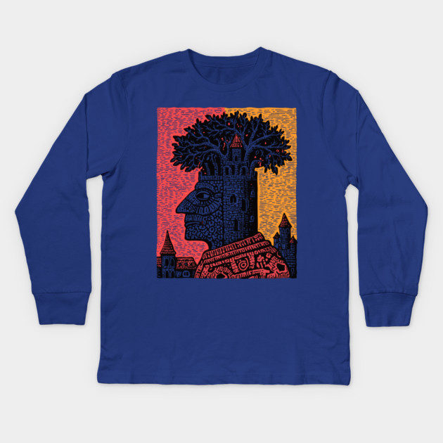 Mind Palace | Surreal Linocut Art Kids Long Sleeve T-Shirt by TuncGK
